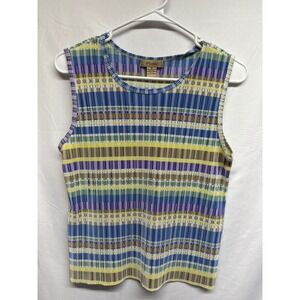 Plisse Womens Medium Sleeveless Tank Top Pleated Striped Blue Purple Yellow Knit